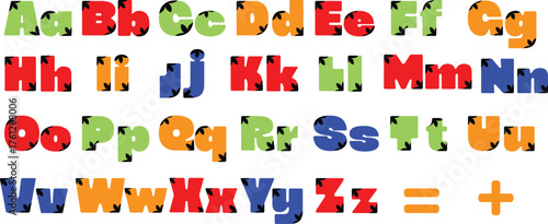 colourful fonts.Colorful alphabet letters from a to z in uppercase and lowercase with a plus sign and equals sign