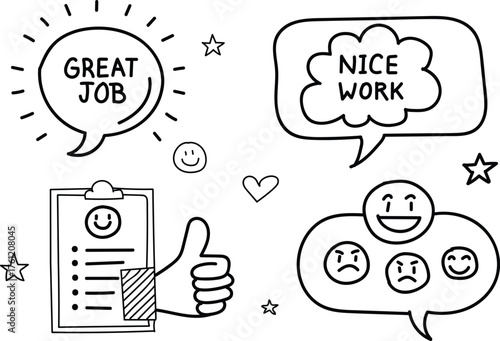 Hand drawn doodle icons representing positive feedback and appreciation with speech bubbles and a thumbs up