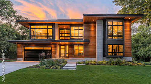 modern two-story house with large windows at sunset. contemporary architecture with wooden facade and manicured lawn. home exterior design. architectural photography, residential real estate.