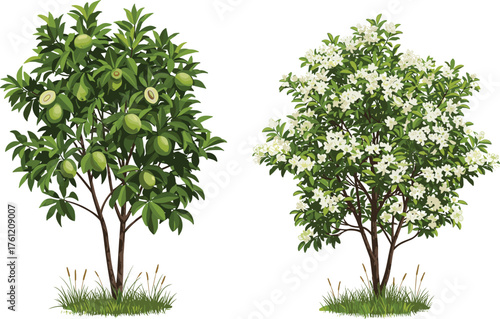 Guava fruit tree, white flowering tree, botanical contrast, seasonal bloom, nature landscape, tropical garden, vibrant foliage, dual tree composition, outdoor vegetation