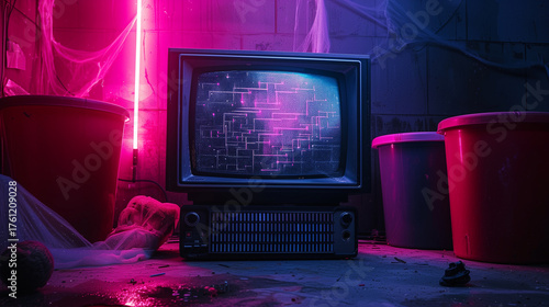 Close-up of a retro CRT television with static in a dark, neon-lit room for an 80s horror aesthetic