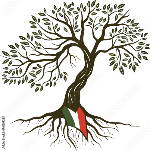 Stylized tree with Italian flag colors in roots and green leaves white background