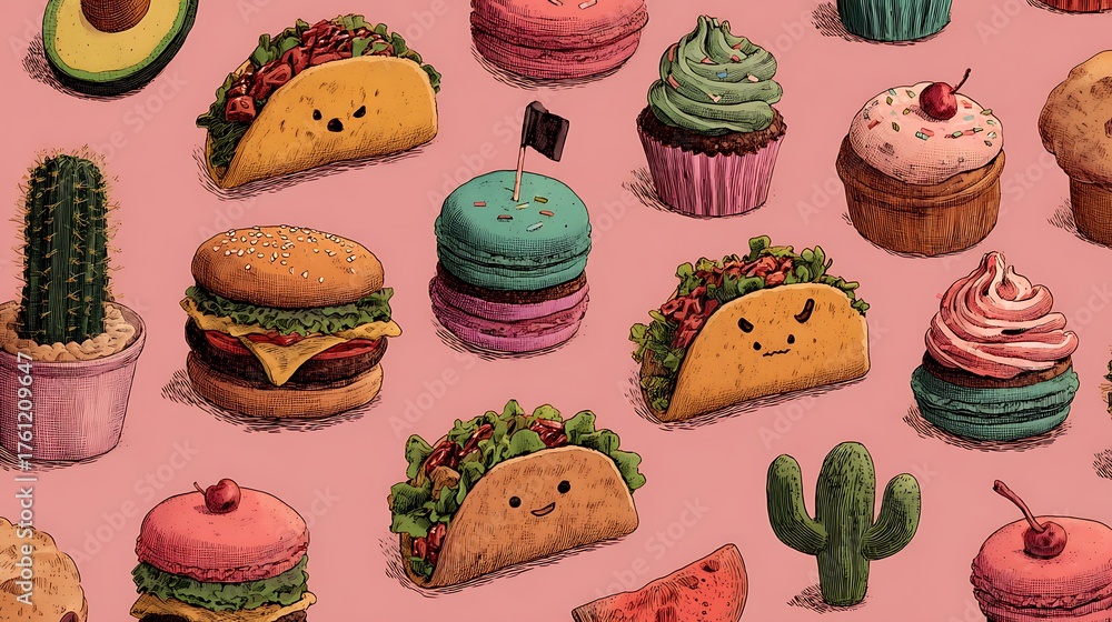 Whimsical foodie fiesta featuring cute tacos burgers cupcakes and cacti on a pink background