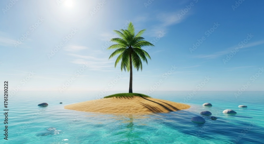 Fototapeta premium Tropical isle scene with a palm, sand, rocks, and radiant blue sky over calm sea
