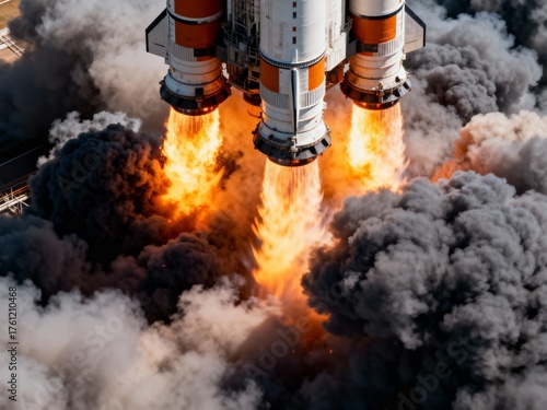 Powerful close-up of a multi-engine rocket launch, immense thrust and bright orange flames obscured by heavy dark smoke, liftoff sequence.