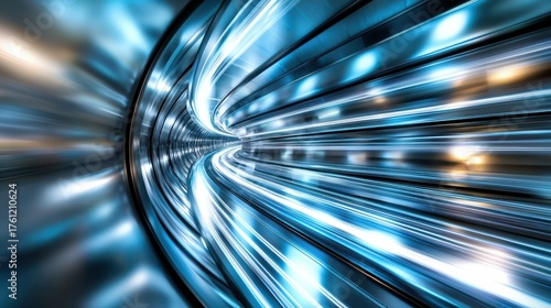 Macro light trails high speed tunnel effect blue luminous streams flowing curved perspective motion blur technology abstract design