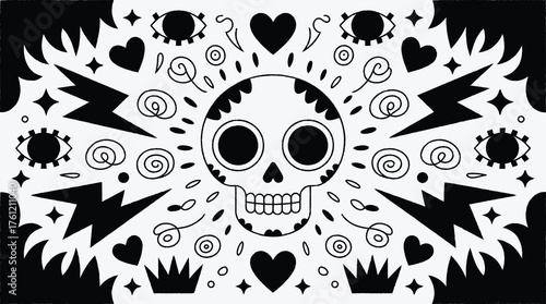 Day of the Dead Sugar Skull with Hearts and Eyes Pattern
