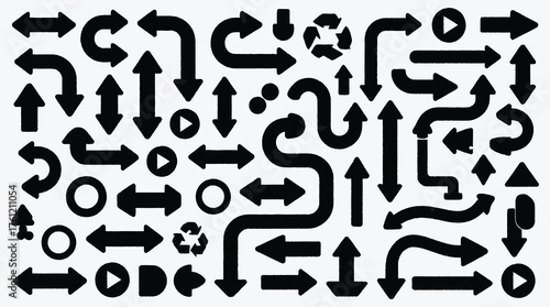 Diverse collection of black arrows on white background for graphic design