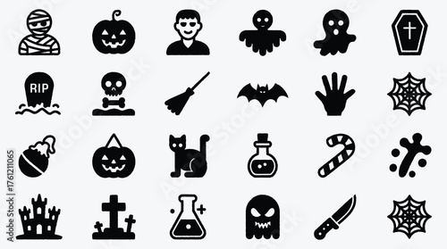 Halloween Icons Set in Black Vector Illustration Symbols and Signs