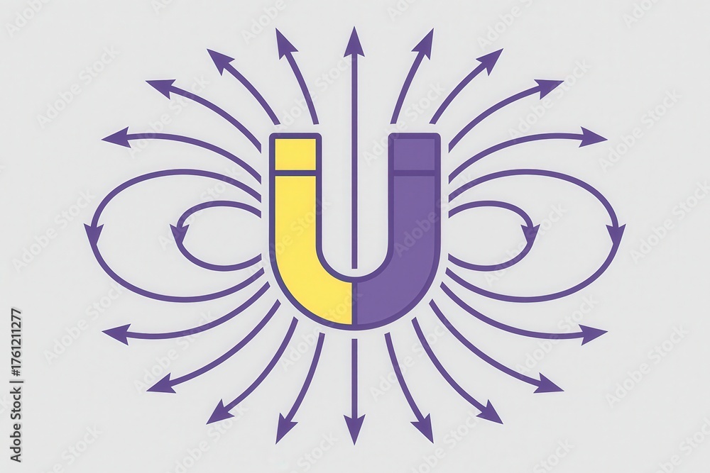 Fototapeta premium Magnetic force illustrated with a stylized purple and yellow magnet surrounded by radiating arrows representing attraction and repulsion creating an intriguing visual concept