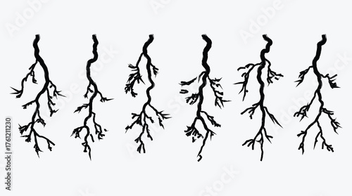 Stylized lightning bolts in black and white electric discharge effects