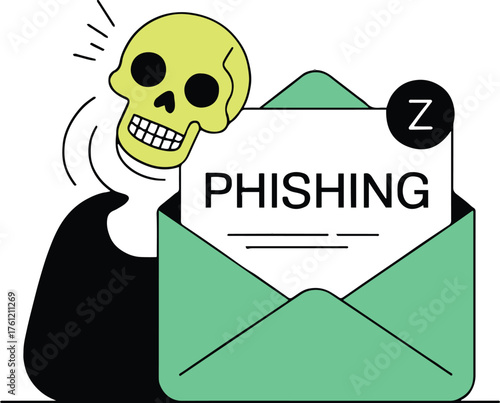 A cartoon illustration of a skull emerging from an envelope labeled phishing with a black figure behind