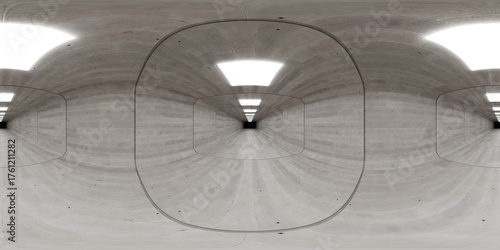 Minimalist concrete tunnel with overhead lights 360 vr panorama