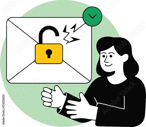 Woman with email envelope and unlocked padlock with checkmark on green circle background design