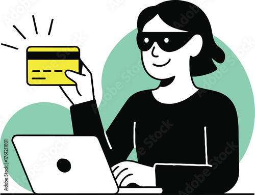 Person with mask holding credit card in hand using laptop for online theft and fraud activity