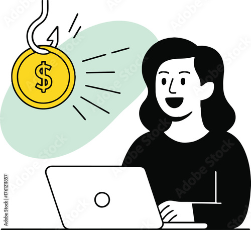 Woman using laptop with dollar coin on hook representing online scams and financial phishing schemes