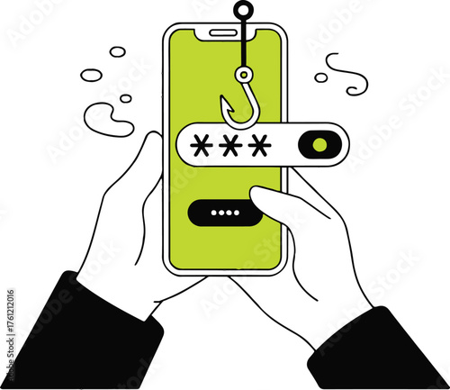 Hands holding smartphone with password prompt and fishing hook representing phishing attempt online security
