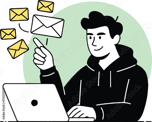 Man in hoodie using laptop with floating emails on green background in cartoon illustration style