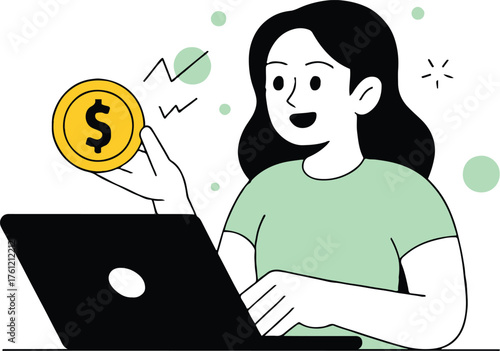 A woman with black hair holding a gold coin while using a laptop on a white background illustration