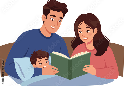 Happy family reading bedtime story, cheerful parents with child, cozy moment, bonding time, indoor lifestyle, storytelling, love, care, peaceful joy