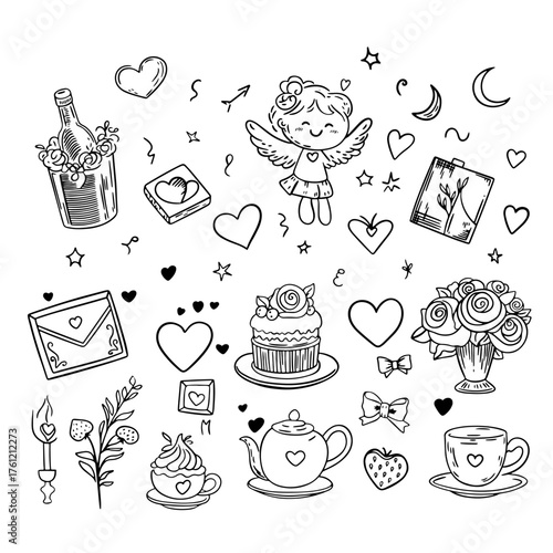 Vector illustration of hand-drawn flirty elements for Valentine's Day, Cute bows, hearts, ribbons, flowers, angels, cupids cake, heart-shaped frame.