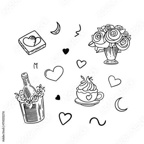Vector illustration of hand-drawn flirty elements for Valentine's Day, Cute bows, hearts, ribbons, flowers, angels, cupids cake, heart-shaped frame.