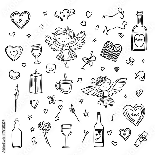 Vector illustration of hand-drawn flirty elements for Valentine's Day, Cute bows, hearts, ribbons, flowers, angels, cupids cake, heart-shaped frame.