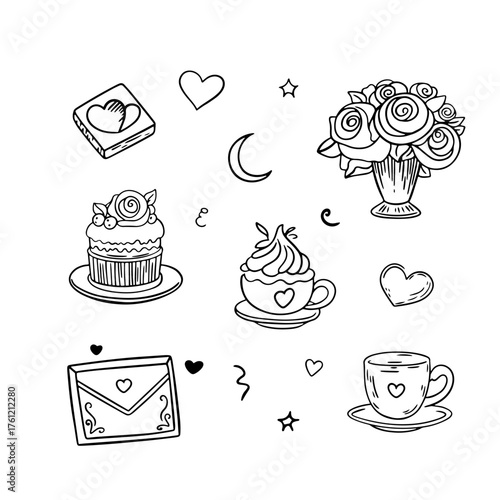 Vector illustration of hand-drawn flirty elements for Valentine's Day, Cute bows, hearts, ribbons, flowers, angels, cupids cake, heart-shaped frame.