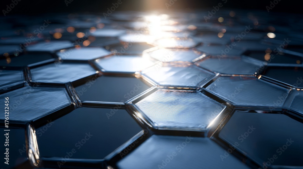 Fototapeta premium Solar panel cells with hexagonal patterns and blue metallic reflections