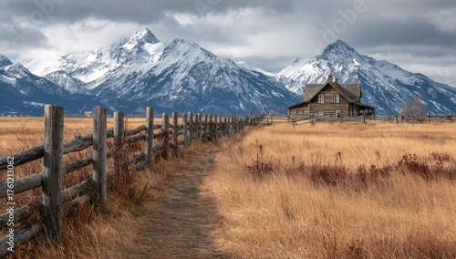 Rustic cabin nestled in a field, snow-capped mountains in background