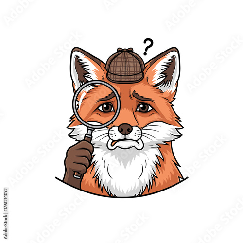 Cartoon Fox Detective with Magnifying Glass and Plaid Hat Questioning