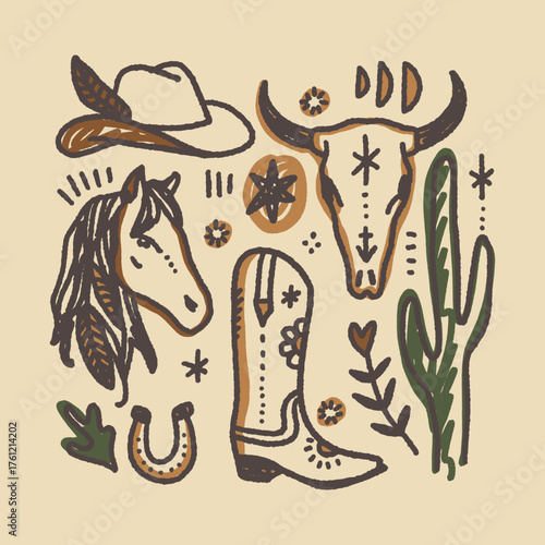 Boho groovy grunge distressed vintage western bundle set lucky horseshoe label, bull skull sketch and cacti illustration. Digital stickers, wild west cartoon doodles, tribal bohemian retro style decor