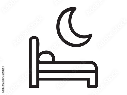 Black silhouette of bed with moon isolated on white background. Concept of sleep, rest, bedroom, night, relaxation, hotel sign, comfort