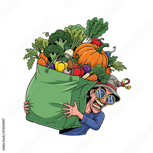 Cartoon man struggles with overflowing green bag of fresh produce