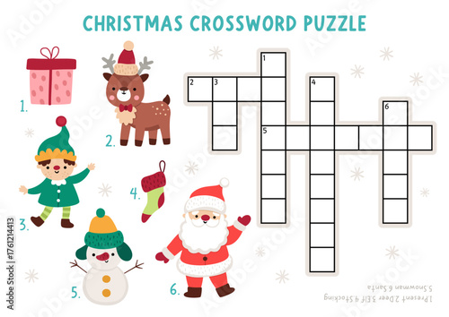 Vector Christmas crossword puzzle for kids. New Year quiz with Santa Claus, deer, elf, present, snowman, stocking for children. Cute winter holiday educational cross word activity