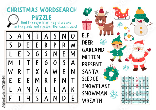Vector Christmas word search puzzle for kids. New Year wordsearch quiz with Santa Claus, deer, elf, present, snowman, stocking for children. Winter holiday educational cross word activity
