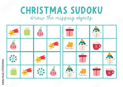 Vector Christmas sudoku puzzle for kids with pictures. New Year quiz with present, star, ball, snowflake, snowman, skate. Winter holiday activity with traditional symbols. Draw missing object