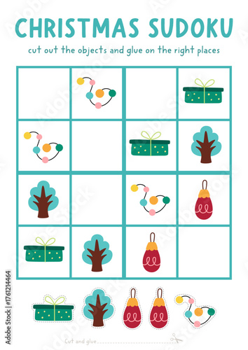 Vector Christmas sudoku puzzle for kids with pictures. New Year quiz. Winter holiday activity with present, fir tree, colored ball, garland. Draw missing object
