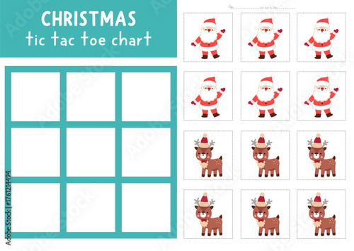 Vector Christmas tic tac toe chart with Santa Claus and deer. New Year board game playing field with cute characters. Funny printable worksheet. Winter holiday noughts and crosses grid