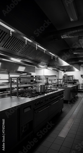 Empty Commercial Kitchen with Stainless Steel Equipment and Exhaust Hoods.