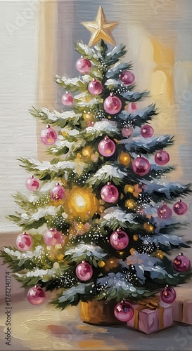 Stylized oil painting of a snow-covered Christmas tree decorated with pink ornaments and lights, placed in front of a window.