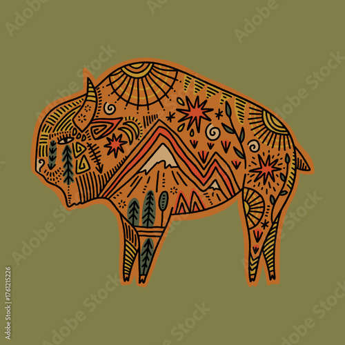 Floral boho tribal ornate bison graphic artwork, wild buffalo with ornamental elements, American vintage wild life art for t shirt, stickers, tee graphic prints, born free concept. Coloring book