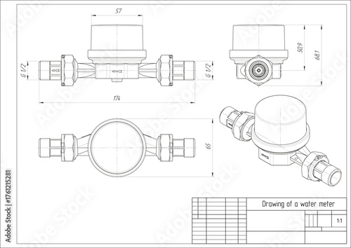 Vector water meter. Engineering mechanical 
educational drawing of measuring water supply device with dimension line. Industrial design 
on white paper sheet. Technology hand drawn schematic diagram. 