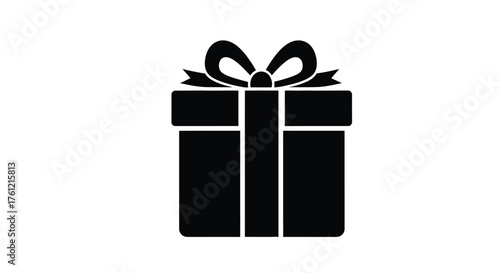 A simple black and white illustration of a gift with a bow