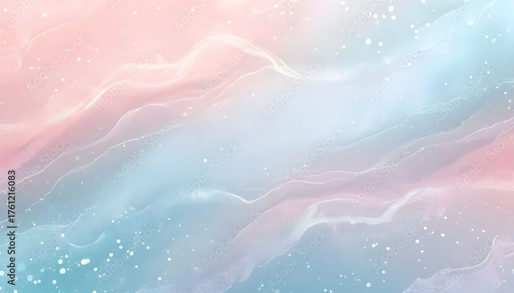 Fototapeta premium A dreamy abstract background with flowing pastel pink and blue watercolor waves and sparkling glitter.
