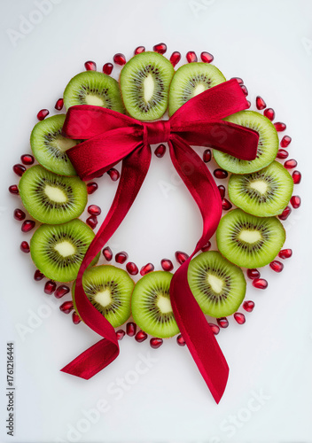 Christmas wreath made of kiwi slices and pomegranate seeds with red ribbon bow