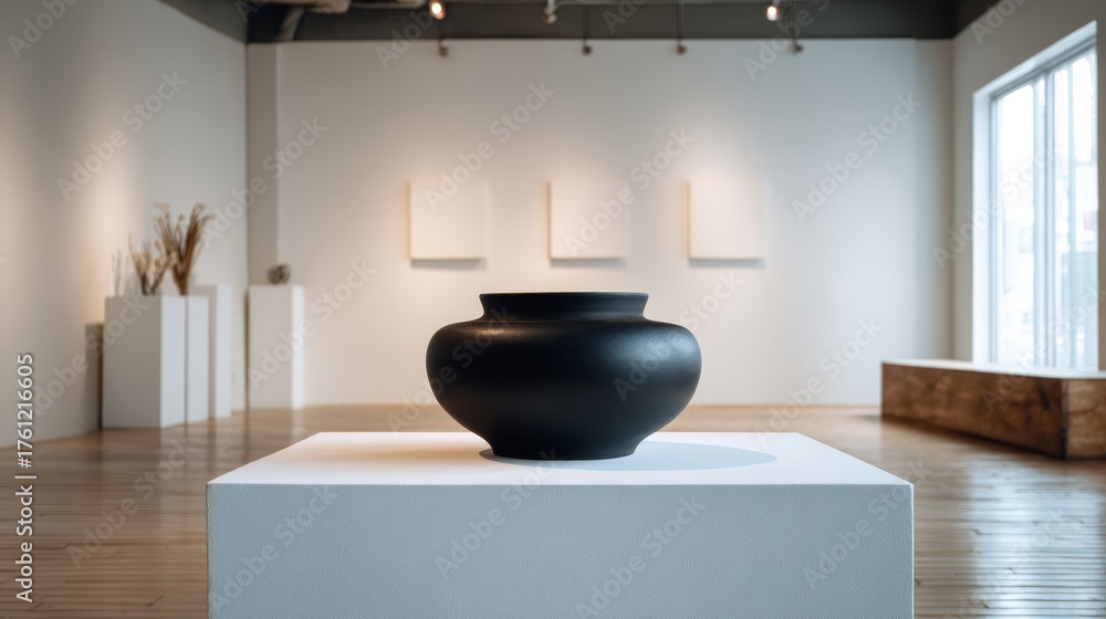 Fototapeta premium Minimalist ceramic vessel with matte black finish on white display platform in modern gallery