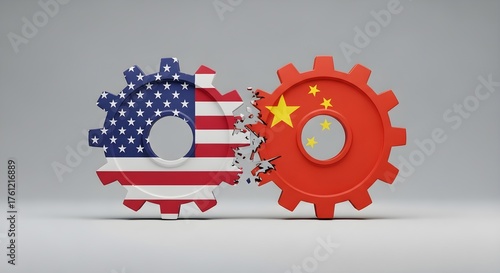 USA China Conflict Concept – Broken Gears Representing Trade War and Political Tension