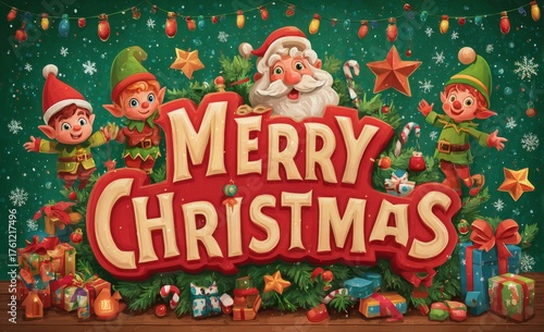 A Cheerful Christmas Celebration Featuring Santa Claus Surrounded by Elves and Colorful Decorations with a Merry Christmas Theme