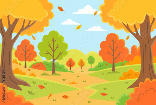 Autumn Forest Path with Colorful Trees – Vector Landscape